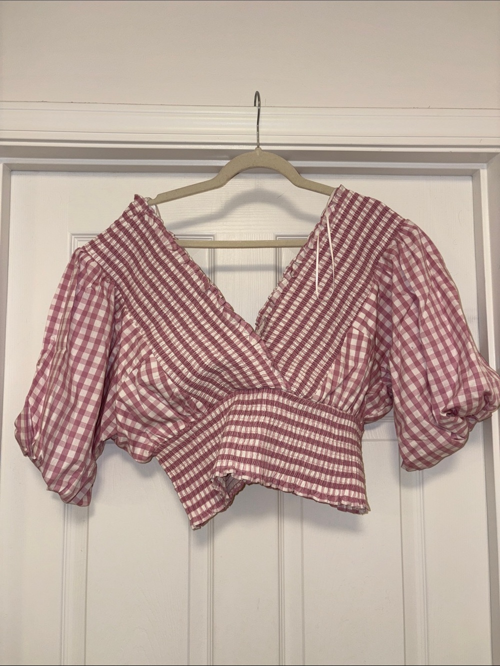 Abercrombie & Fitch Mauve Pink Gingham V-Neck Puff Sleeve Crop Top